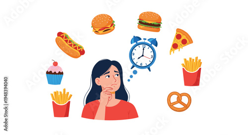 Thoughtful woman surrounded by images of fast food and a clock representing the challenge of maintaining a healthy diet and timing.