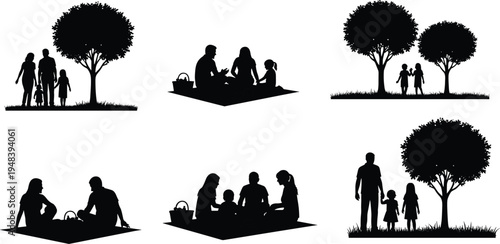 Family picnic and walking silhouette collection parents and children outdoor park activity scenes with trees vector illustration isolated set