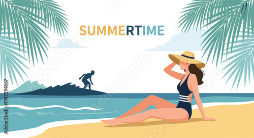 Relaxed woman wearing a straw hat and swimsuit sitting on a sunny beach while a surfer rides a wave in the tropical ocean distance.