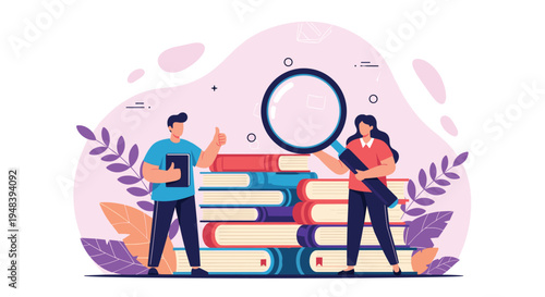 Man and woman using a large magnifying glass to search through a massive stack of books for information in an abstract library.