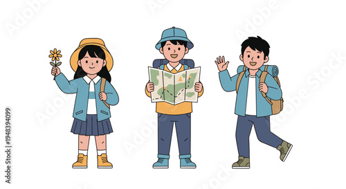 Three happy children dressed in outdoor gear and backpacks ready for a hiking adventure with a map and a fresh flower in hand.