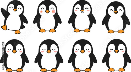 Cute cartoon penguin characters set with different poses adorable baby penguin collection vector illustration isolated for kids design nursery prints