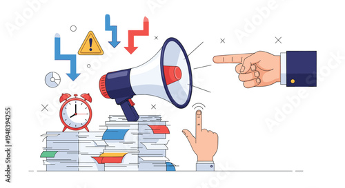 Concept of work pressure with a large megaphone blaring over a mountain of paperwork and a ticking alarm clock on a desk.
