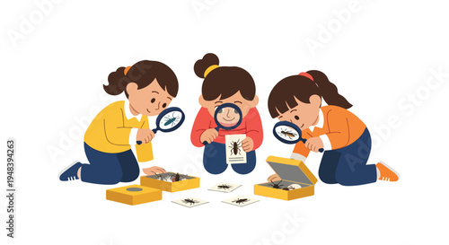 Three curious children kneel to intently examine insects with magnifying glasses, comparing them to illustrations as part of a science or nature study.