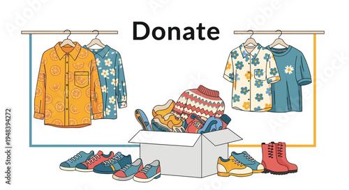 Variety of shirts and shoes organized for donation with a large cardboard box filled with clothes under a bold donate sign.