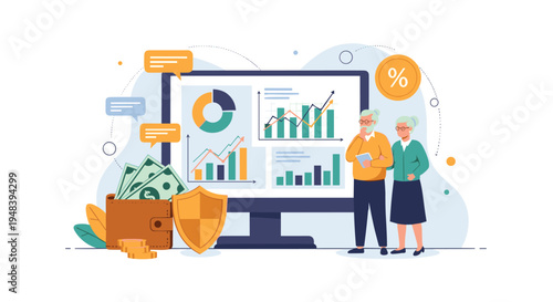 Elderly couple thoughtfully reviewing their retirement savings and financial growth charts displayed on a large computer monitor.