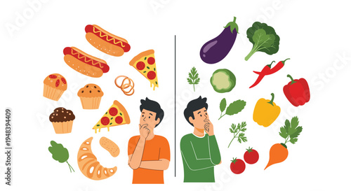 Young man choosing between healthy fresh vegetables and unhealthy fast food snacks for balanced nutrition and wellness.