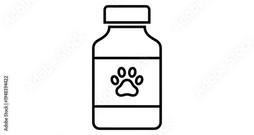 A simple black and white line drawing of a bottle with a paw print label