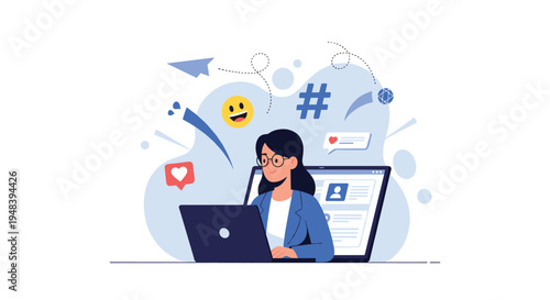 Social media manager working on laptop with floating icons representing marketing engagement and digital networking.