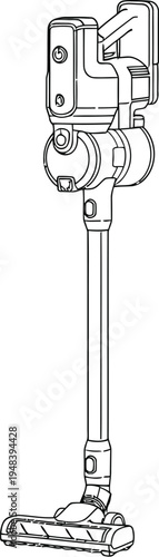 Detailed line drawing of a modern handheld vacuum cleaner with extension handle and attachments