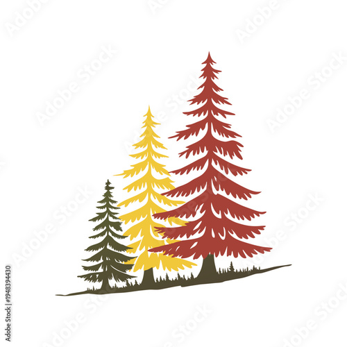 Stylized illustration of three evergreen trees in different autumnal colors standing on a grassy slope