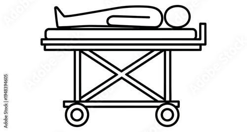 Simple black and white line drawing of a patient on a hospital gurney