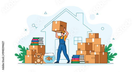 Professional mover carrying large cardboard box to house representing relocation delivery and logistics services.