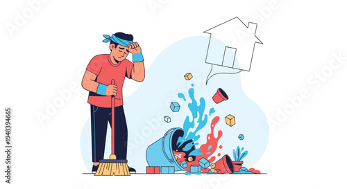 Exhausted man with broom cleaning up spilled paint and mess thinking about home improvement and household chores.