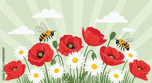 Honey bees pollinating field of vibrant red poppies and white daisies under sunny sky with soft white clouds.