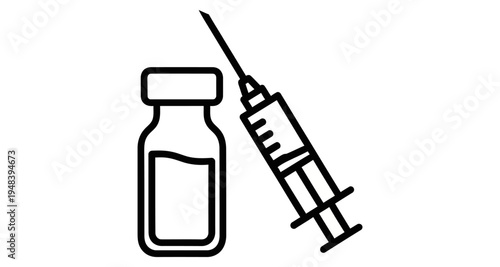 A simple black and white line drawing of a vaccine vial and syringe