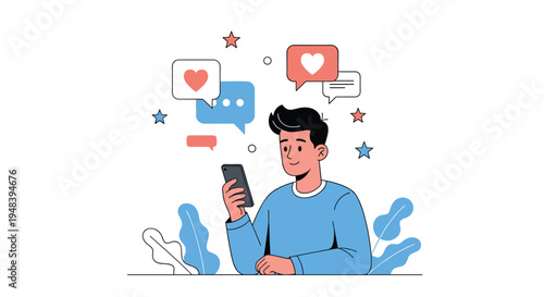 Happy young man using smartphone for social media engagement and digital communication with floating like icons.