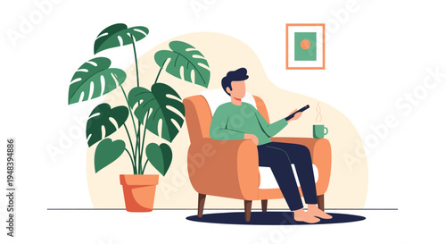 Man relaxing in comfortable armchair watching television with remote control and hot coffee for home leisure.