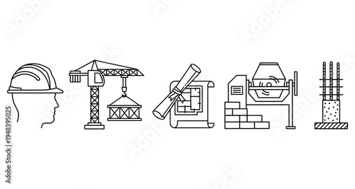 Construction icons depicting safety planning equipment and structural elements in outline high quality