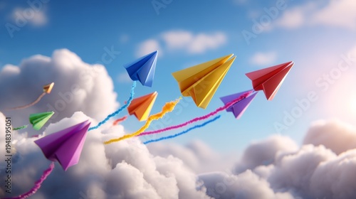 Colorful Paper Airplanes Flying Through a Bright, Cloudy Sky