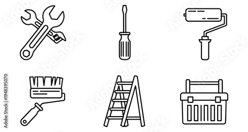 A collection of black and white line art tools for home improvement and repair
