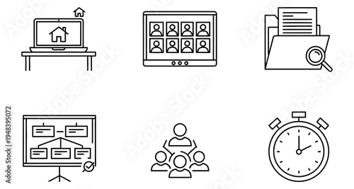 Line art icons depicting remote work meetings project management and time tracking