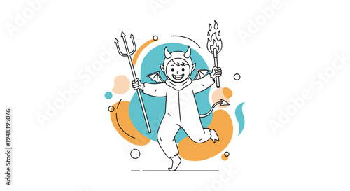 Happy child wearing devil costume holding trident and torch for Halloween celebration and festive holiday fun.