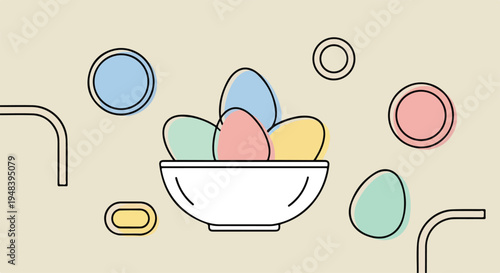 Minimalist flat illustration of a white bowl filled with colorful pills on a beige background with simple shapes and lines.