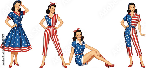 Retro American pin up women collection wearing USA flag dresses vintage patriotic female characters vector illustration isolated Independence Day design