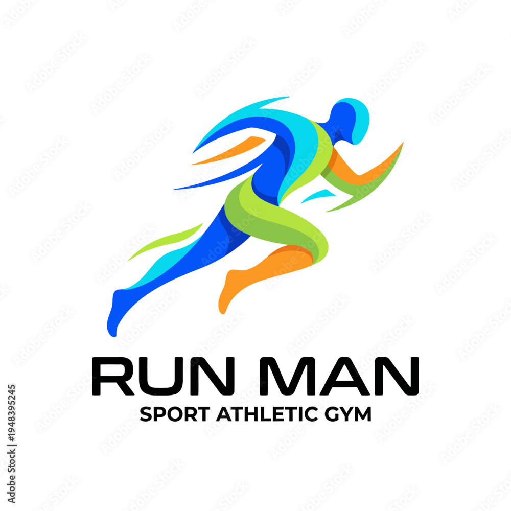 Obraz premium A colorful logo illustrating a dynamic human figure in motion, symbolizing energy and fitness for a gym, conveying a sense of speed and athleticism.