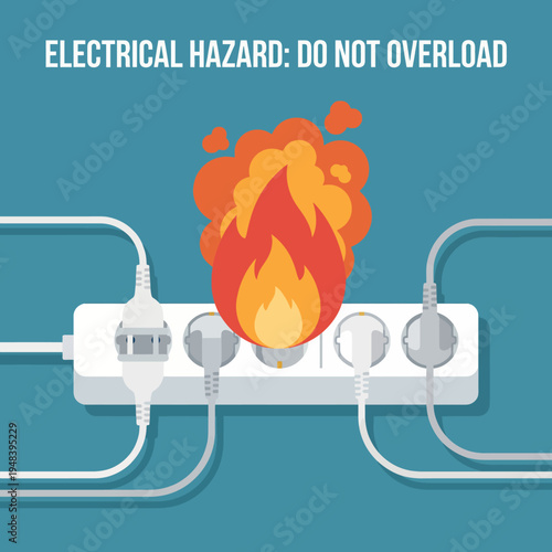This image depicts a clear warning against electrical overload, featuring a burning flame graphics that effectively communicates danger and safety awareness.