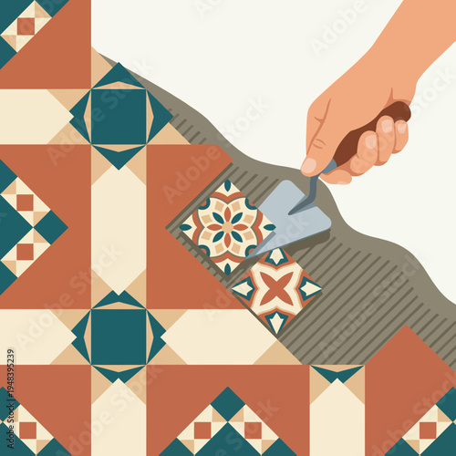 The image shows a skilled artisan carefully laying decorative tiles, representing craftsmanship, design, and the intricate process of home improvement and renovation.