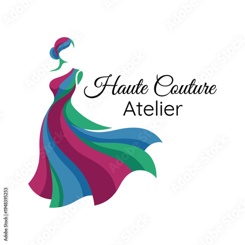An artistic logo showcasing a stylish woman in an elegant dress, representing haute couture fashion, symbolizing creativity, beauty, and sophistication.