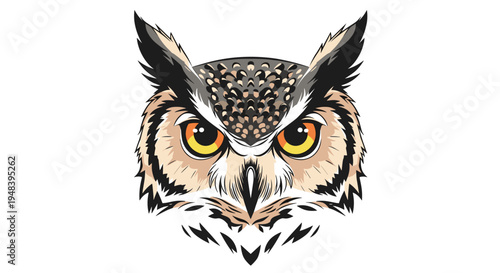 Detailed vector illustration of a great horned owl head featuring intense orange eyes and sharp feathers against a clean white background.