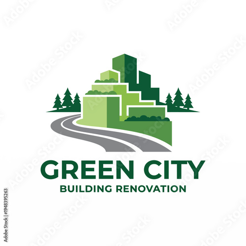 This image displays a modern urban cityscape featuring green buildings, trees, and roads, highlighting sustainability and innovation in architecture and urban design.