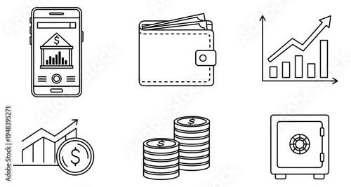 Financial icons depicting mobile banking cash growth and security concepts high quality professional