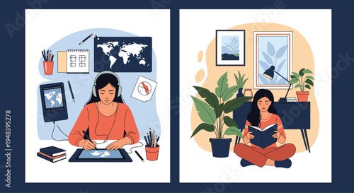 Comparison of productive home activities features a woman digitally drawing at her desk and another woman reading a book in a cozy indoor space.