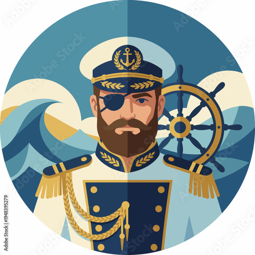 An elegant captain character in a nautical theme, featuring a beard, eye patch, and naval attire, set against stylized waves and a ship's wheel for a maritime feel.