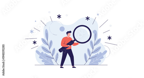 Professional man carries a large magnifying glass to search for information or perform research against a background of stylized blue leaves.