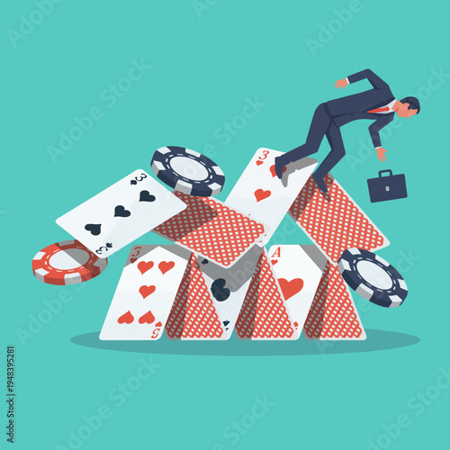 A creative illustration showing a businessman balancing on a tower of playing cards, symbolizing risk and instability in business decisions, conveying tension and alertness.