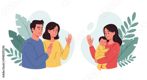 Happy couple waves farewell to a young mother holding a baby as they say goodbye in a friendly outdoor setting with large green leaves.