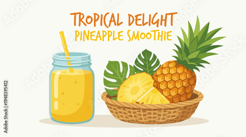 This image showcases a vibrant pineapple smoothie with fresh pineapples, exuding a refreshing tropical vibe, perfect for health and beverage-related content or advertising.