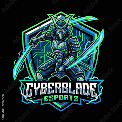 The striking image features a technologically enhanced samurai warrior wielding swords, symbolizing the fusion of tradition and modernity in esports branding.
