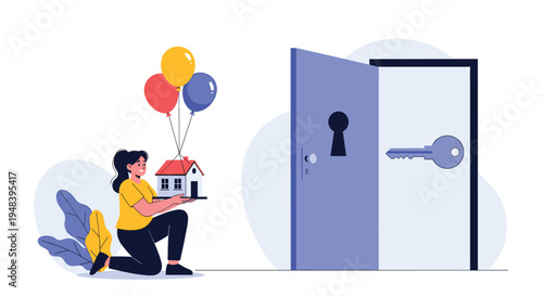 Woman holds a miniature model house floating with balloons towards an open blue door to symbolize a new beginning or buying a dream home.