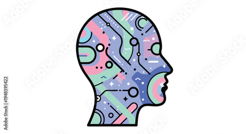 A colorful illustration of a human head in profile with a circuit board design on a white background with a mix of blue, pink, green, and purple hues.