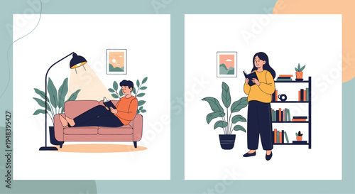 Peaceful indoor scenes depict a man reading a book on a comfortable sofa and a woman standing by a large bookshelf while holding her book.