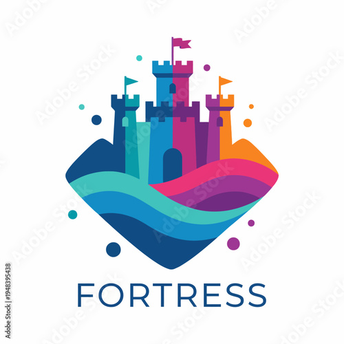 This eye-catching image showcases a vibrant fortress, amidst stylized waves, symbolizing strength, protection, and a welcoming grandeur in modern abstract art.