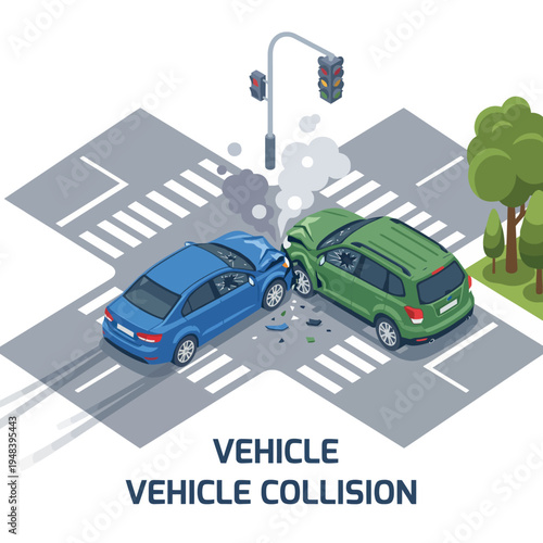 An illustration of a vehicle collision at an intersection, displaying two damaged cars with a traffic light, emphasizing the seriousness of road safety and accidents.