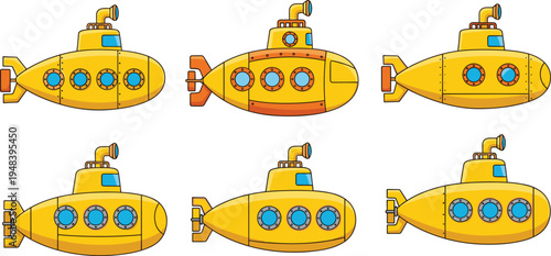 Cartoon yellow submarine collection underwater exploration vehicle set with porthole windows marine transport vector illustration isolated for ocean adventure design