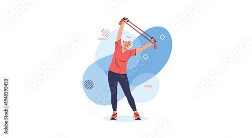 Active woman performs stretching exercises using a red resistance band against a background of blue abstract shapes to stay fit and healthy.